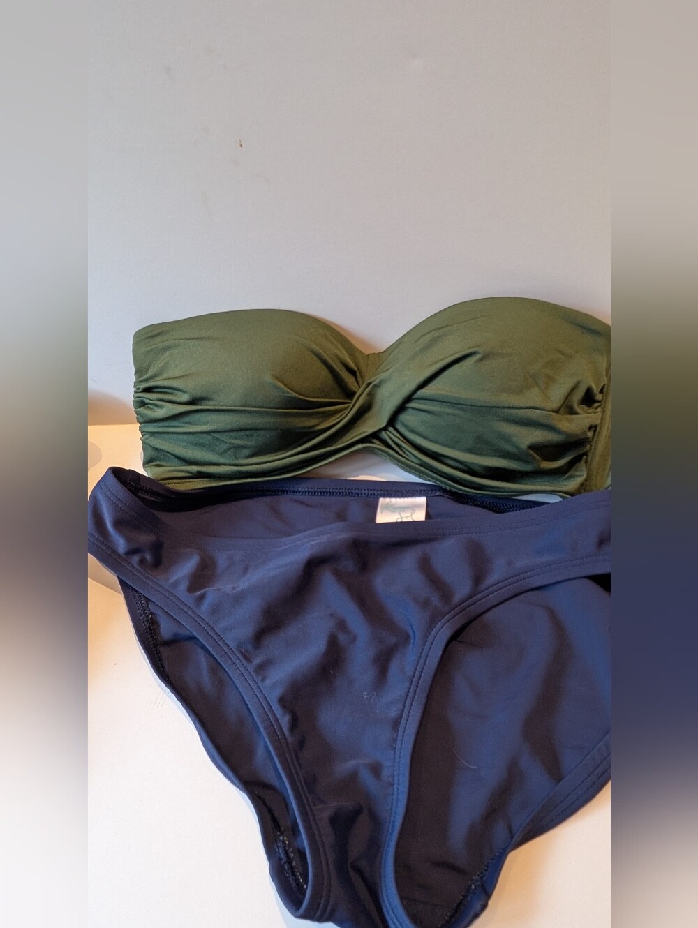 Kona Sol Olive Green Twist Bandeau Bikini Top with Navy Bottoms